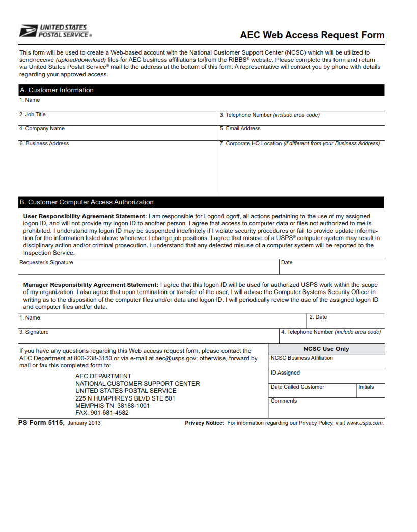 PS Form 5115 - AEC Web Access Request Form