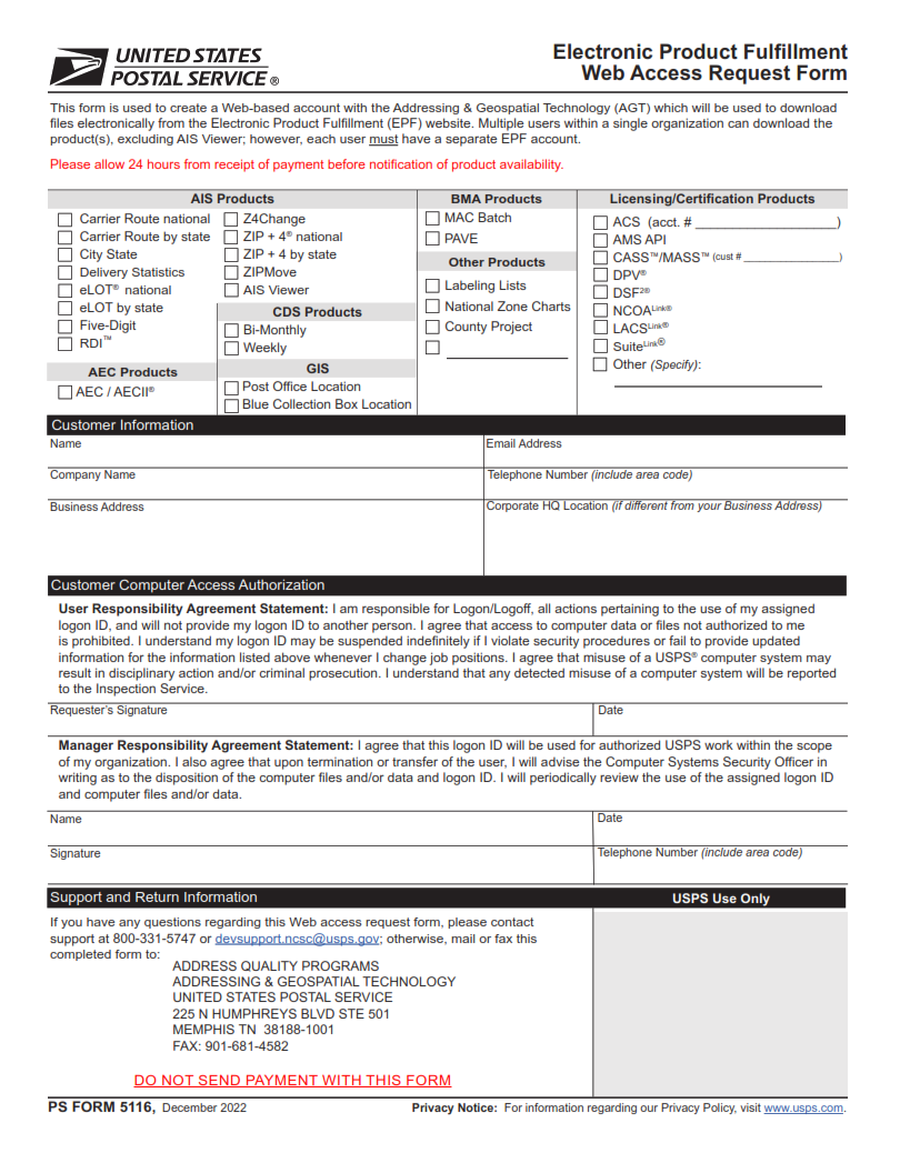 PS Form 5116 - Electronic Product Fulfillment Web Access Request Form