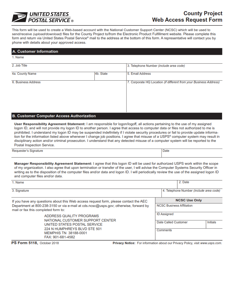 PS Form 5118 - County Project Web Access Request Form