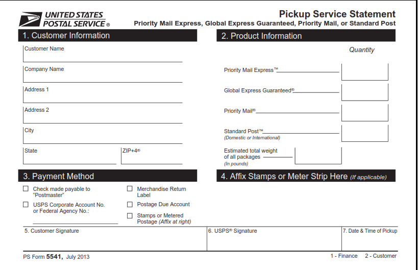PS Form 5541 - Pickup Service Statement Part 1