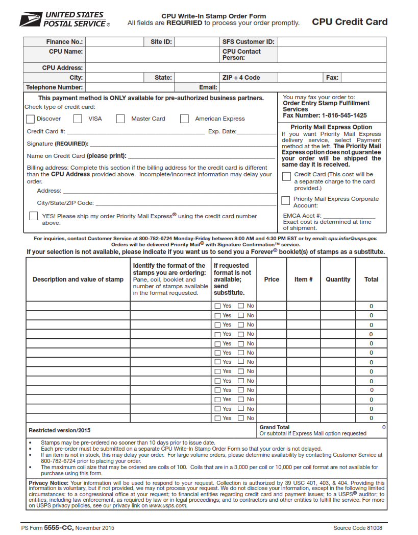 PS Form 5555-CC - CPU (Credit Card) Write-In Stamp Order Form