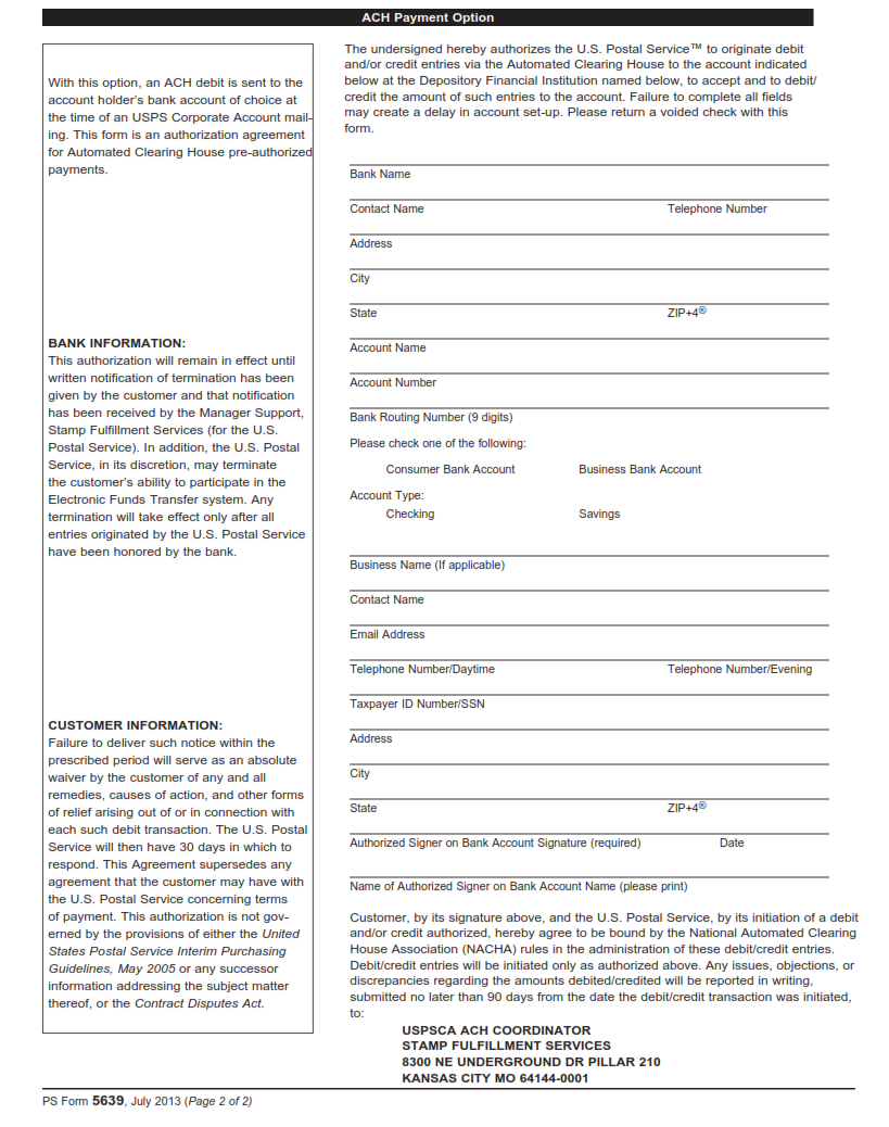 PS Form 5639 - USPSCA Application and Payment Authorization Form Part 2