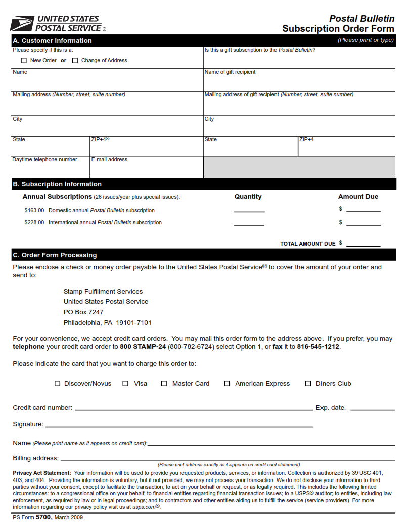 PS Form 5700 - Postal Bulletin Subscription Order Form