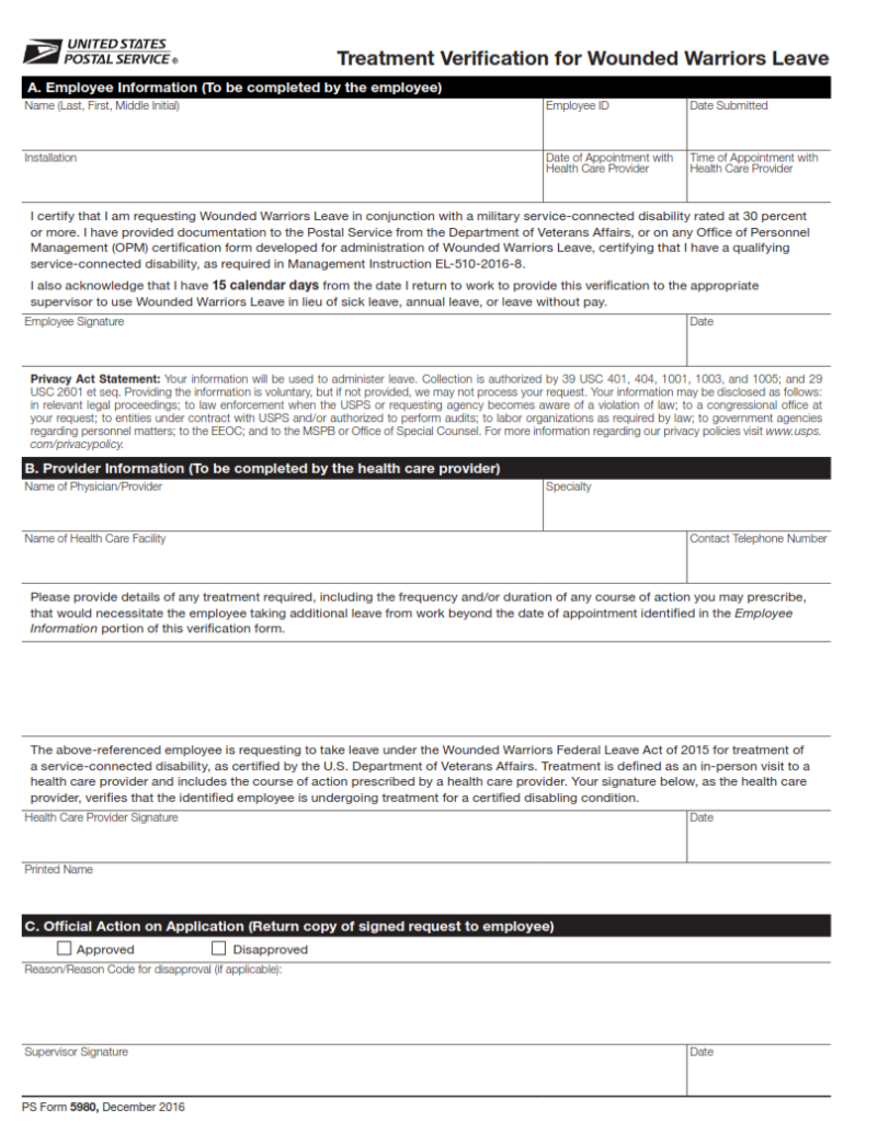 PS Form 5980 – Treatment Verification for Wounded Warriors Leave ...