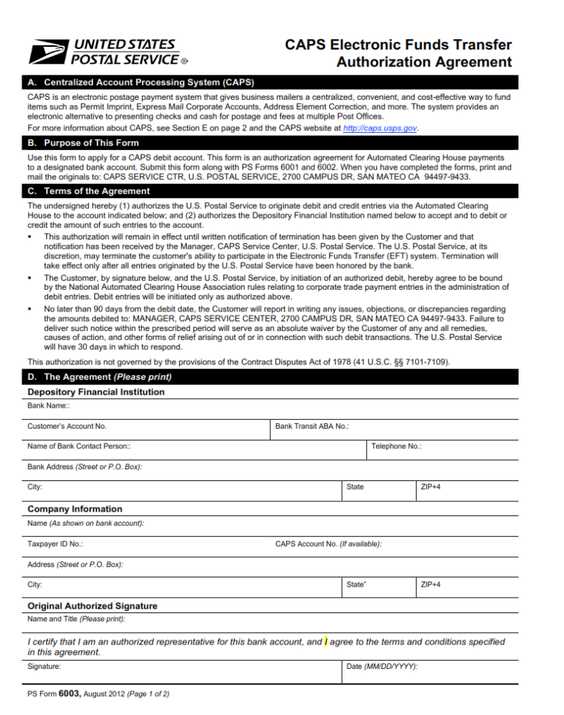 PS Form 6003 – Caps Electronic Funds Transfer Authorization Agreements ...