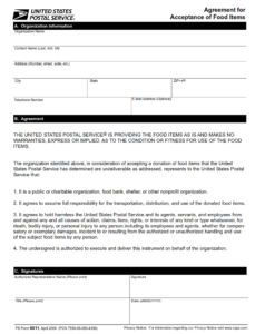 PS Form 6011 - Agreement for Acceptance of Food Items