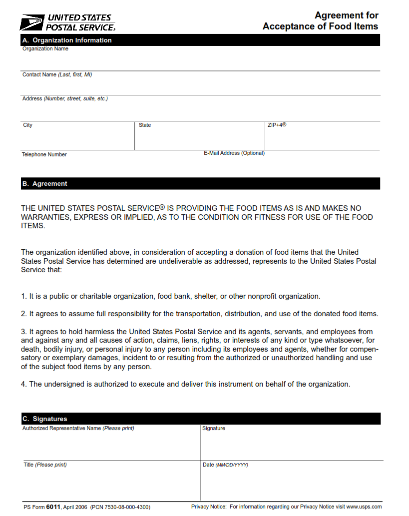 PS Form 6011 - Agreement for Acceptance of Food Items