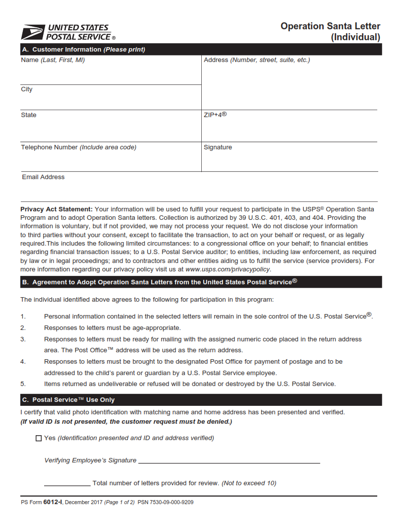 PS Form 6012-I - Operation Santa Letter (Individual) Part 1