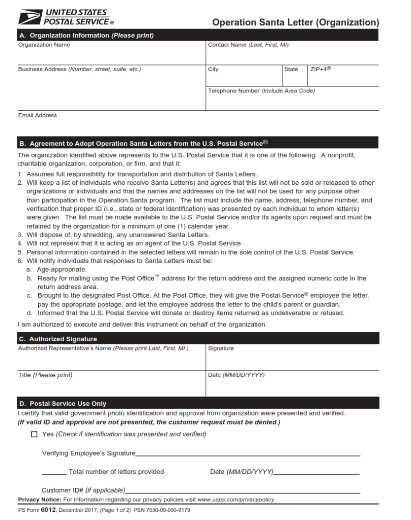 PS Form 6012 – Operation Santa Letter (Organization) | Origin Form Studio