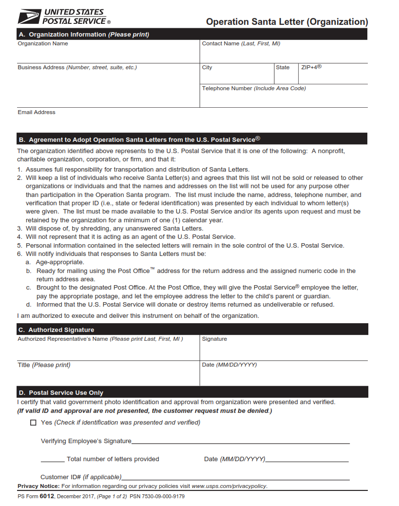 PS Form 6012 - Operation Santa Letter (Organization) Part 1