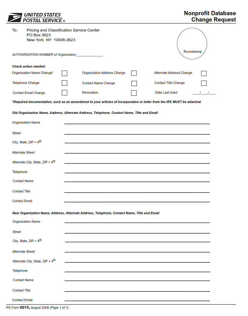 PS Form 6015 - Nonprofit Database Change Request
