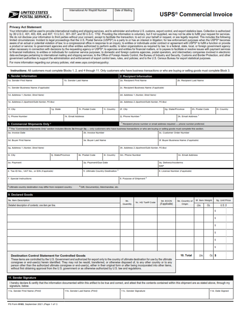 PS Form 6183 – USPS Commercial Invoice | Origin Form Studio