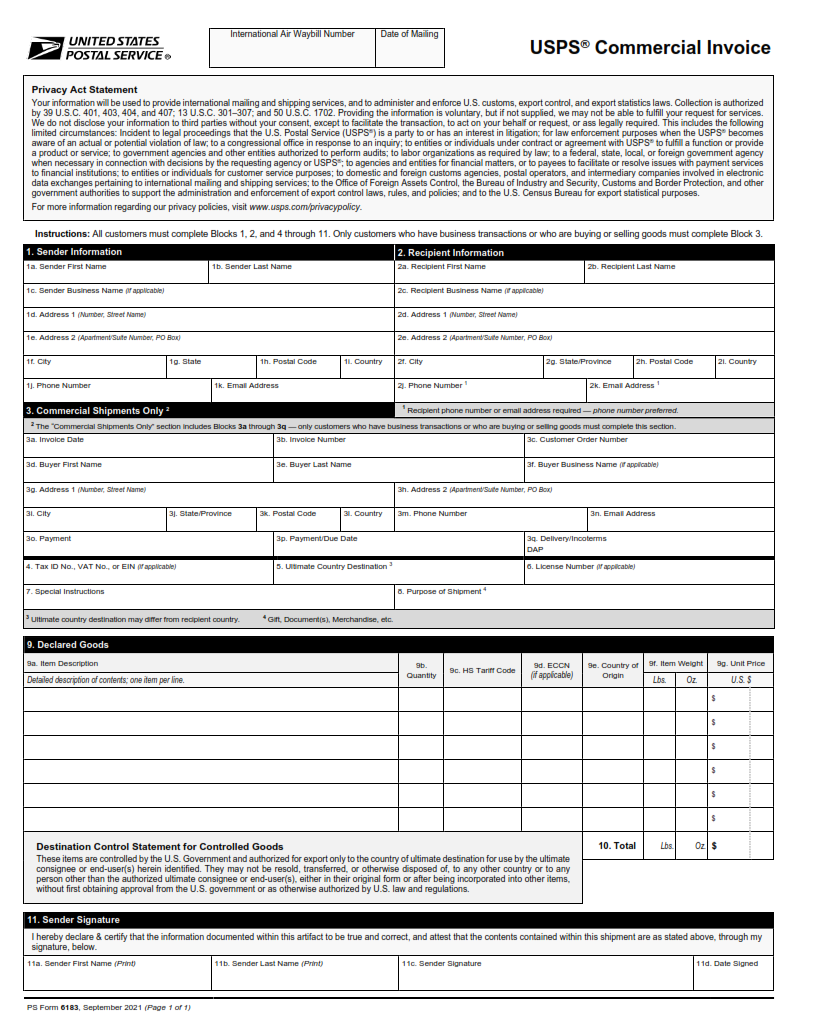 PS Form 6183 - USPS Commercial Invoice