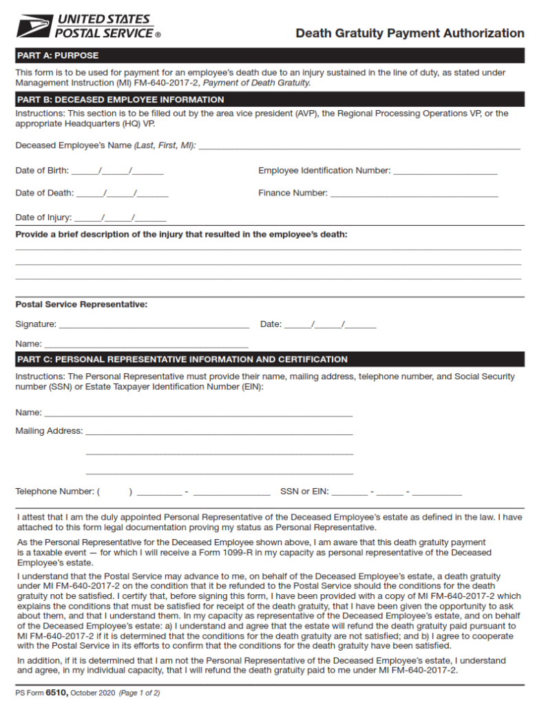 PS Form 6510 – Death Gratuity Payment Authorization | Origin Form Studio