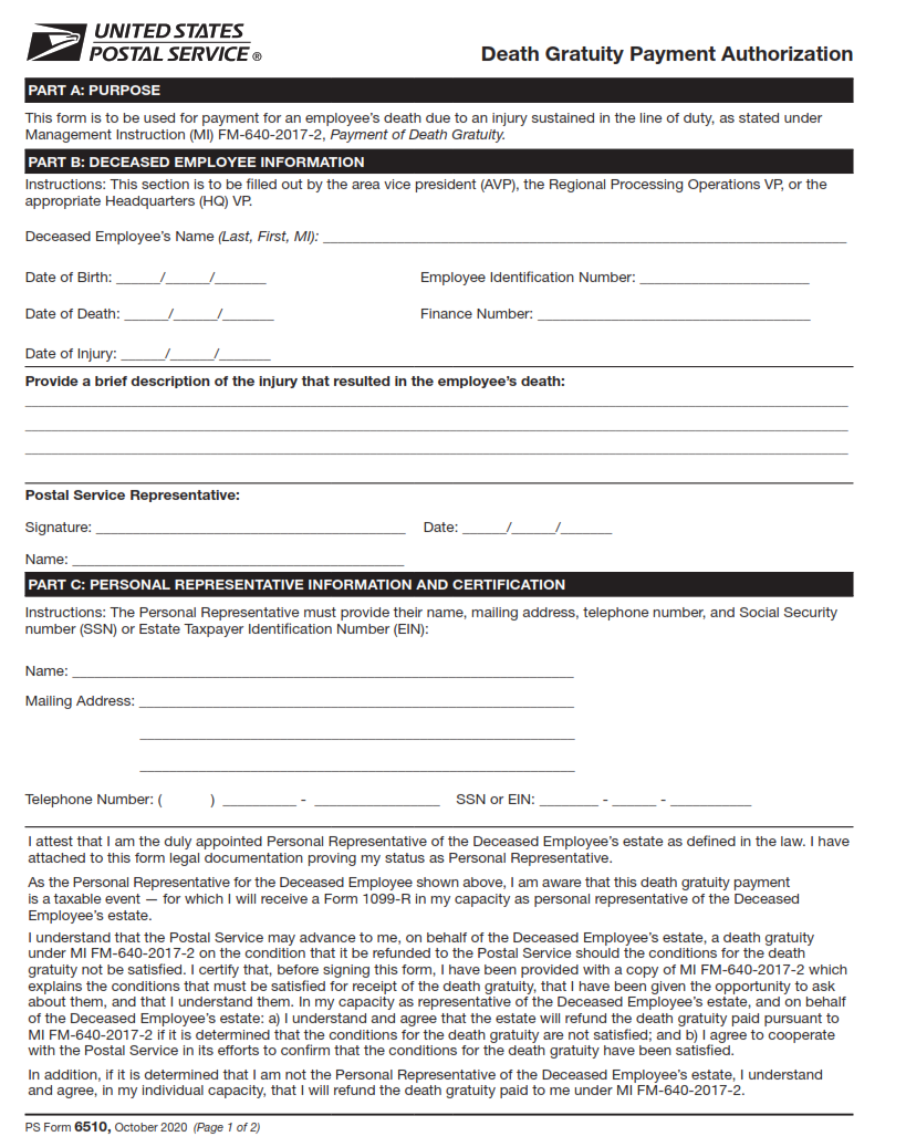 PS Form 6510 - Death Gratuity Payment Authorization Part 1