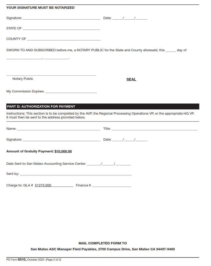 PS Form 6510 - Death Gratuity Payment Authorization Part 2