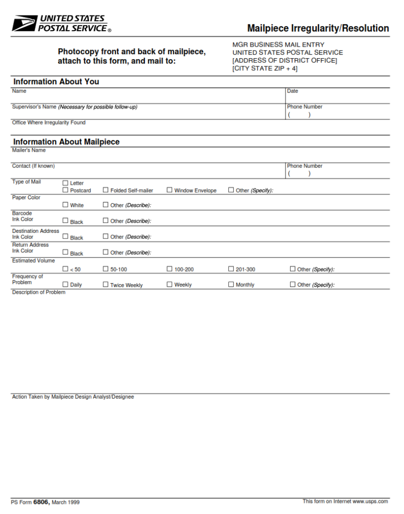 PS Form 6806 – Mailpiece Irregularity/Resolution | Origin Form Studio