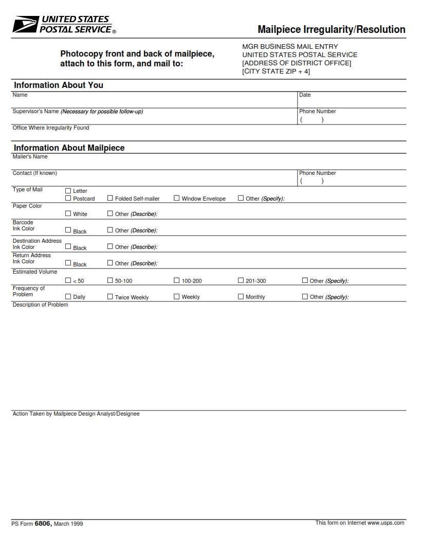 PS Form 6806 - Mailpiece Irregularity Resolution