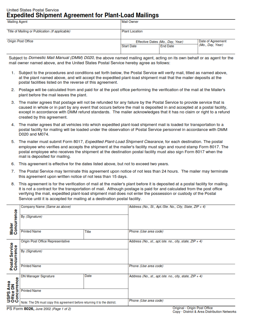 PS Form 8026 - Expedited Shipment Agreement for Plant-Load Mailings Part 1