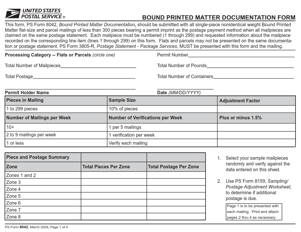 PS Form 8042 - Bound Printed Matter Documentation Form Part 1