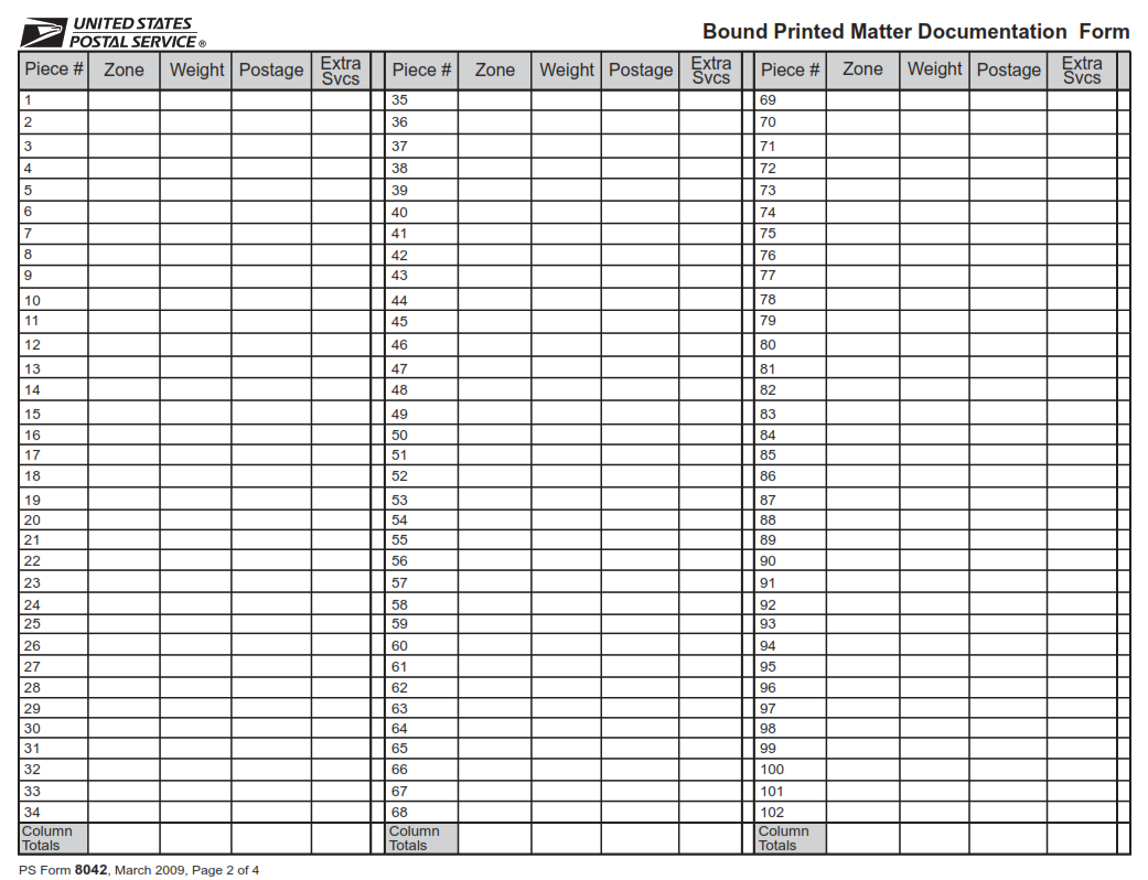 PS Form 8042 - Bound Printed Matter Documentation Form Part 2