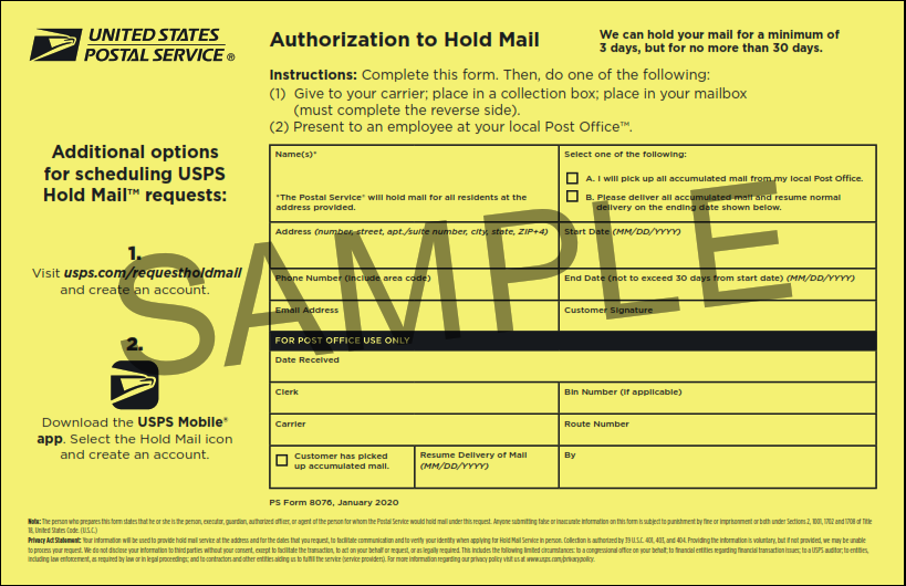 PS Form 8076 - Authorization to Hold Mail Part 2