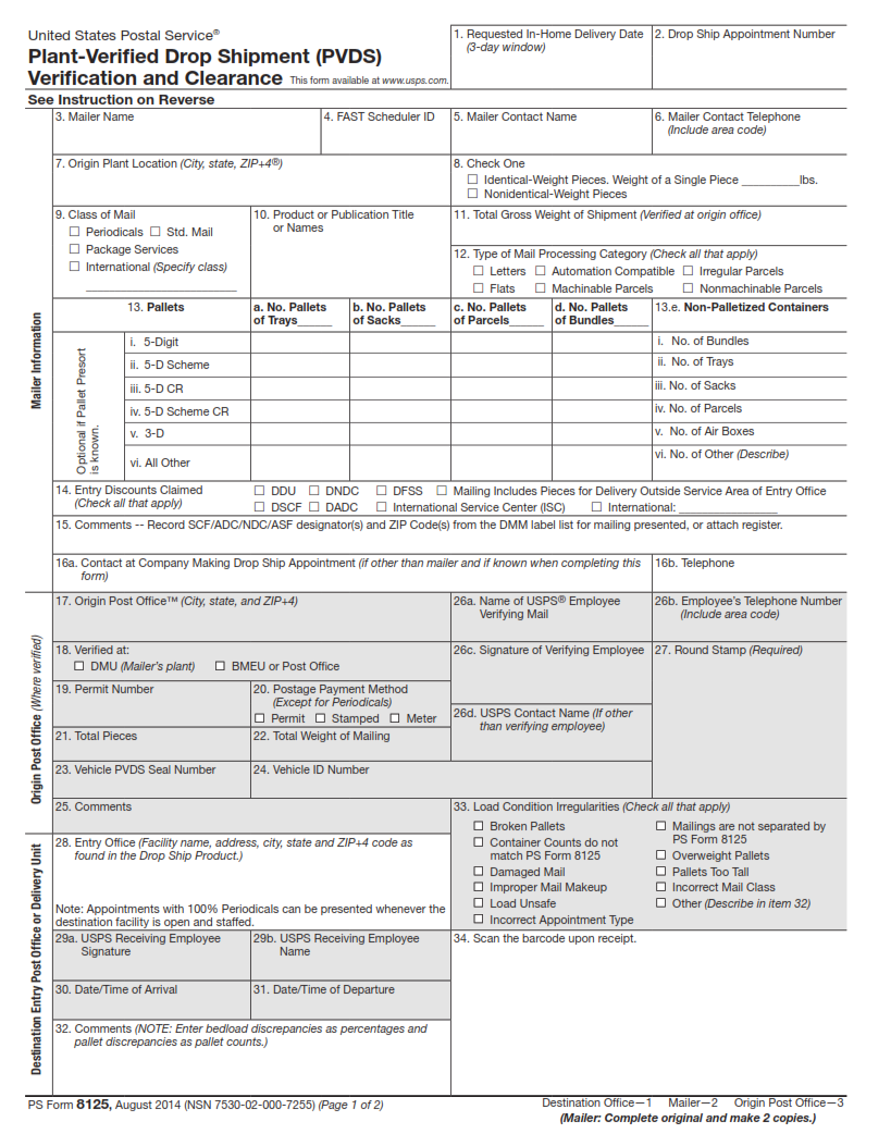PS Form 8125 - Plant-Verified Drop Shipment (PVDS) Verification and Clearance Part 1