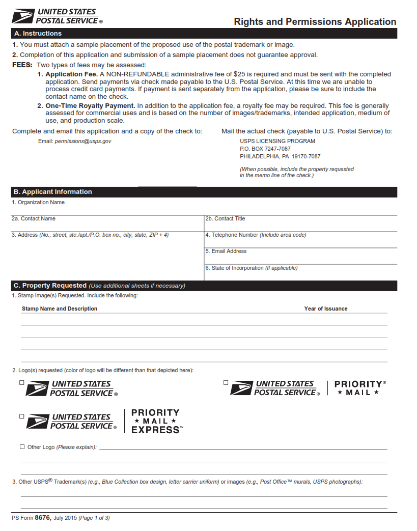 PS Form 8676 - Rights and Permissions Application Part 1