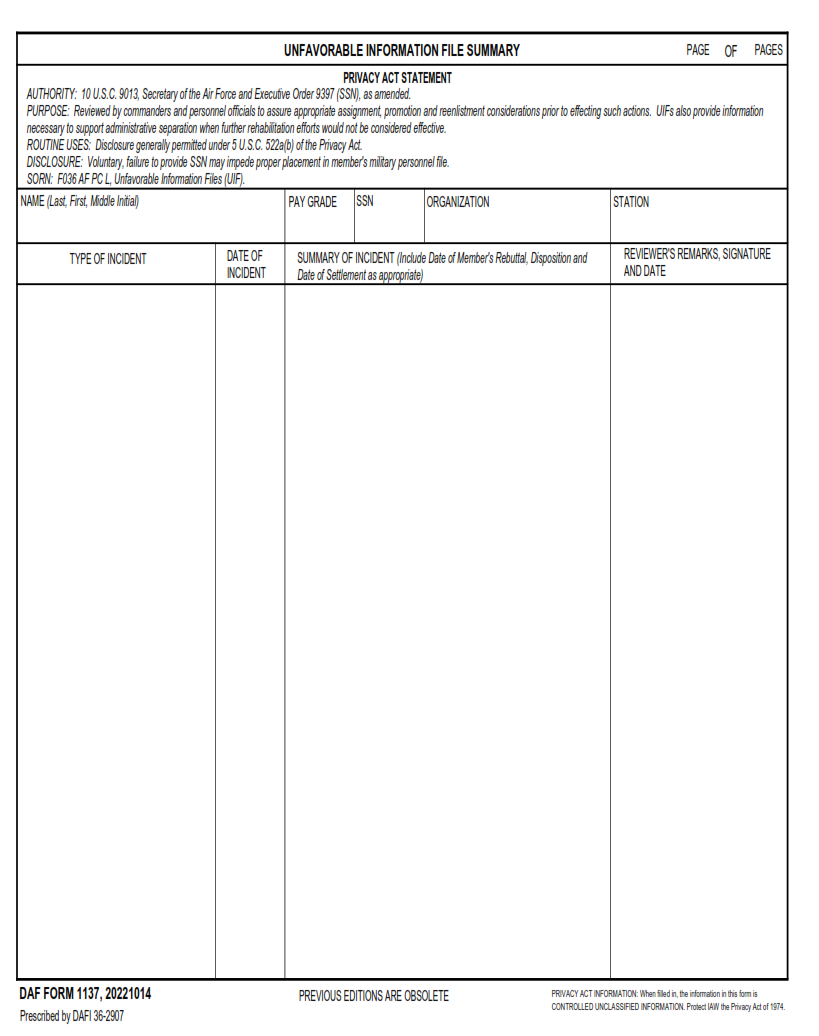 DAF Form 1137 Unfavorable Information File Summary Origin Form Studio