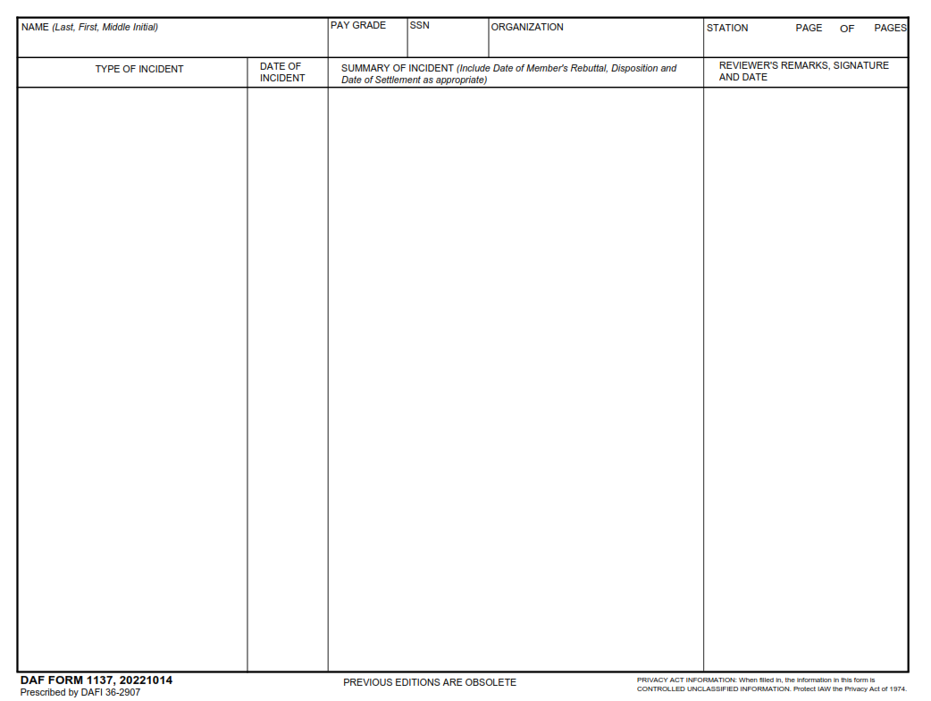 DAF Form 1137 Unfavorable Information File Summary Origin Form Studio
