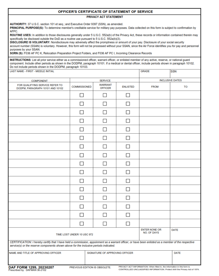 DAF Form 1299 – Officer’s Certificate Of Statement Of Service | Origin ...