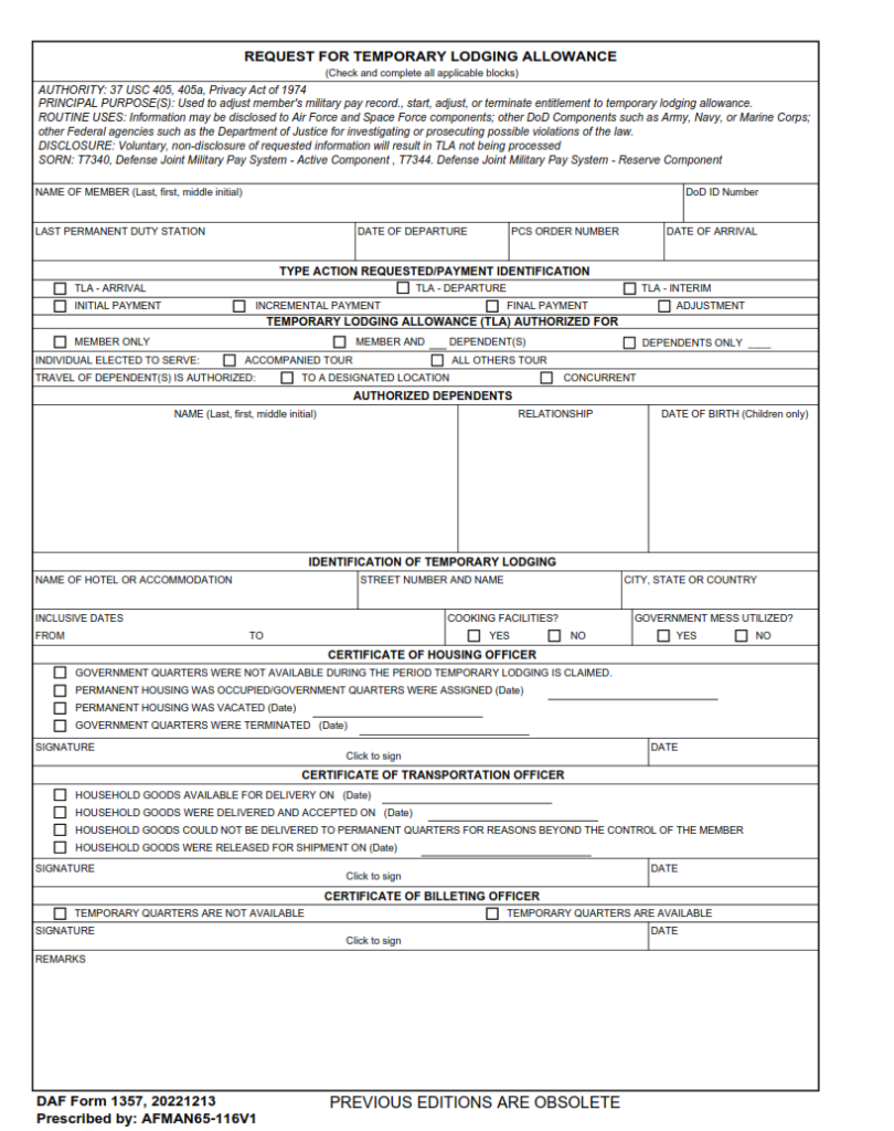 DAF Form 1357 – Request For Temporary Lodging Allowance | Origin Form ...