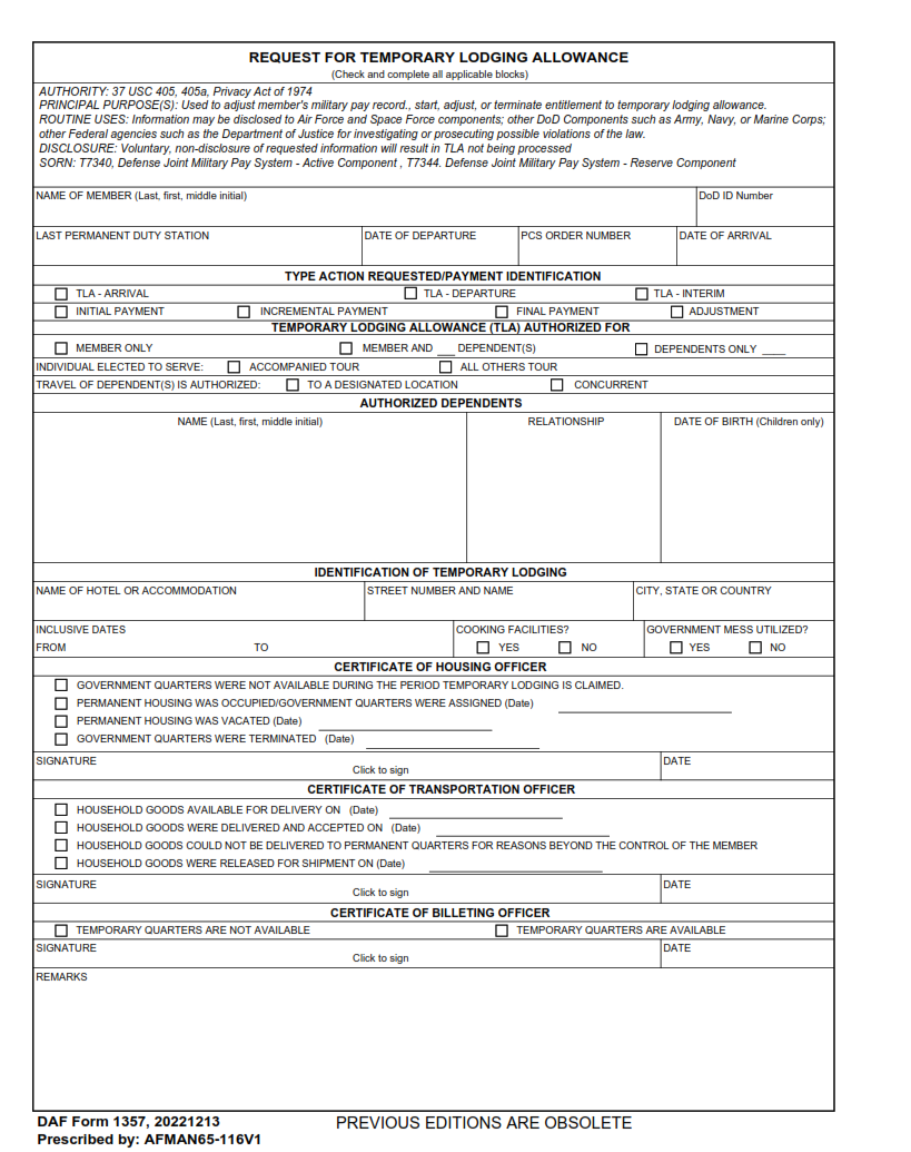 DAF Form 1357 - Request For Temporary Lodging Allowance