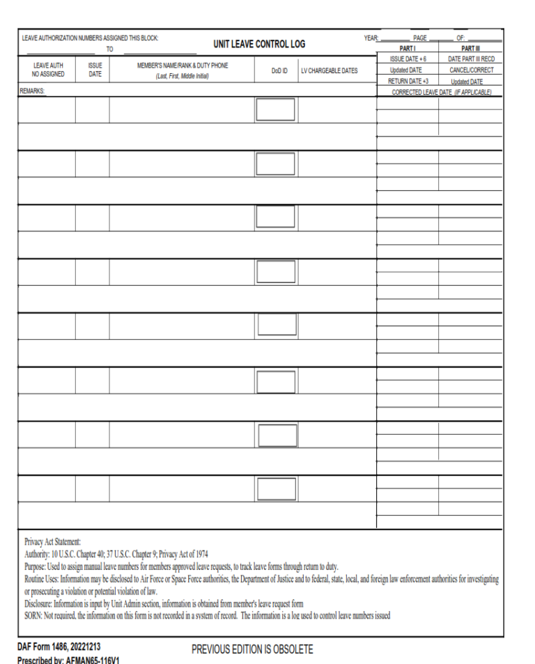 DAF Form 1486 – Unit Leave Control Log | Origin Form Studio