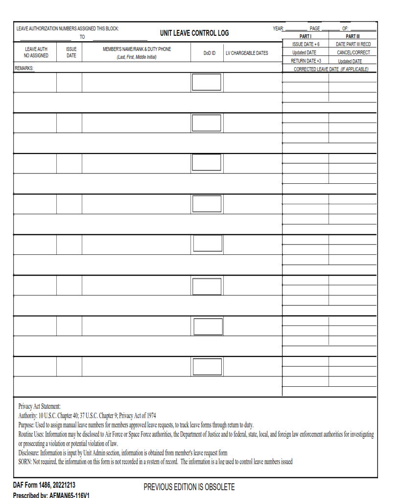 DAF Form 1486 Unit Leave Control Log Origin Form Studio