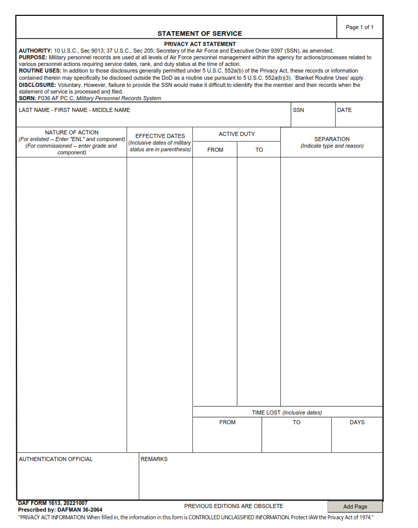 DAF Form 1613 Statement Of Service Origin Form Studio