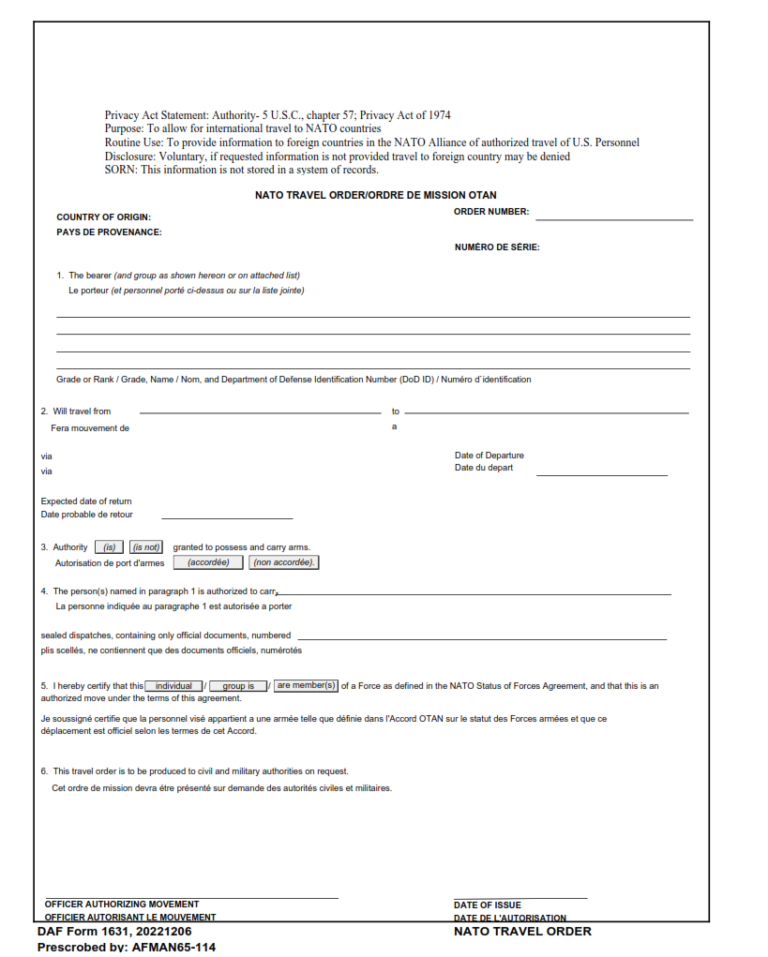 DAF Form 1631 Nato Travel Order/Ordre De Mission Otan Origin Form