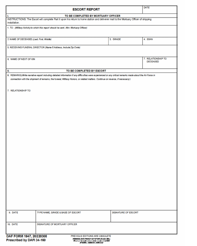 DAF Form 1947 Escort Report Origin Form Studio