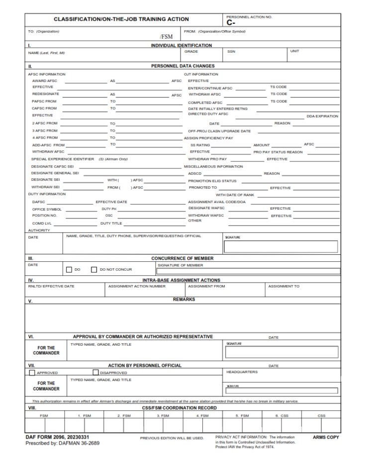 DAF Form 2096 – Classification/On-The-Job-Training Action | Origin Form ...