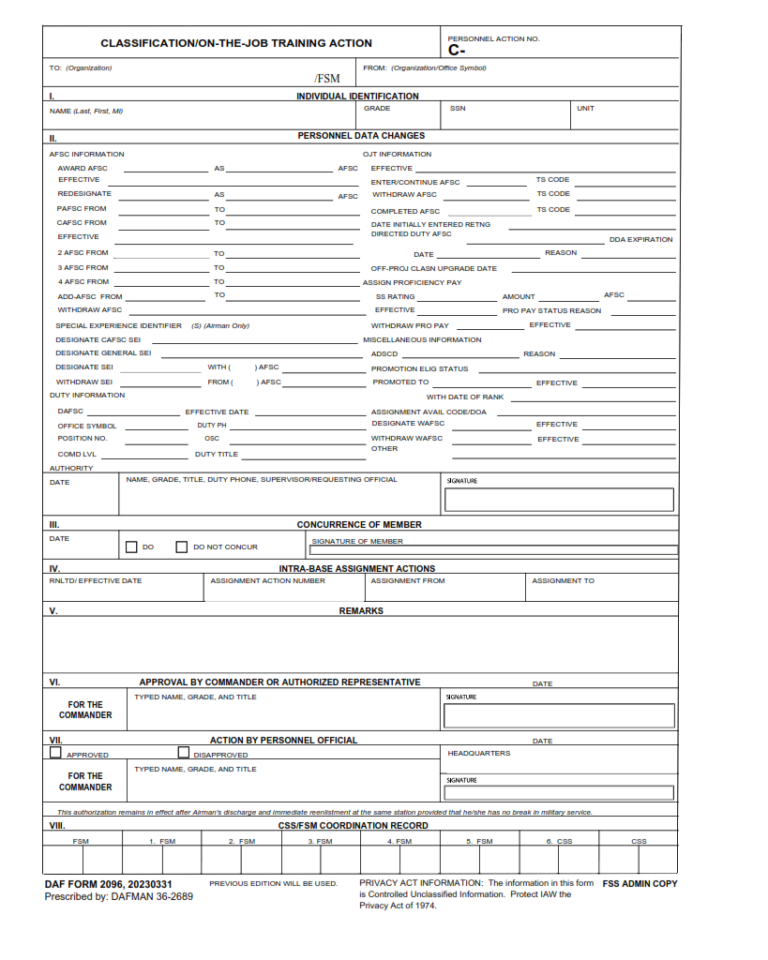 DAF Form 2096 – Classification/On-The-Job-Training Action | Origin Form ...