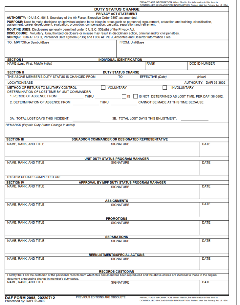 DAF Form 2098 – Duty Status Change | Origin Form Studio