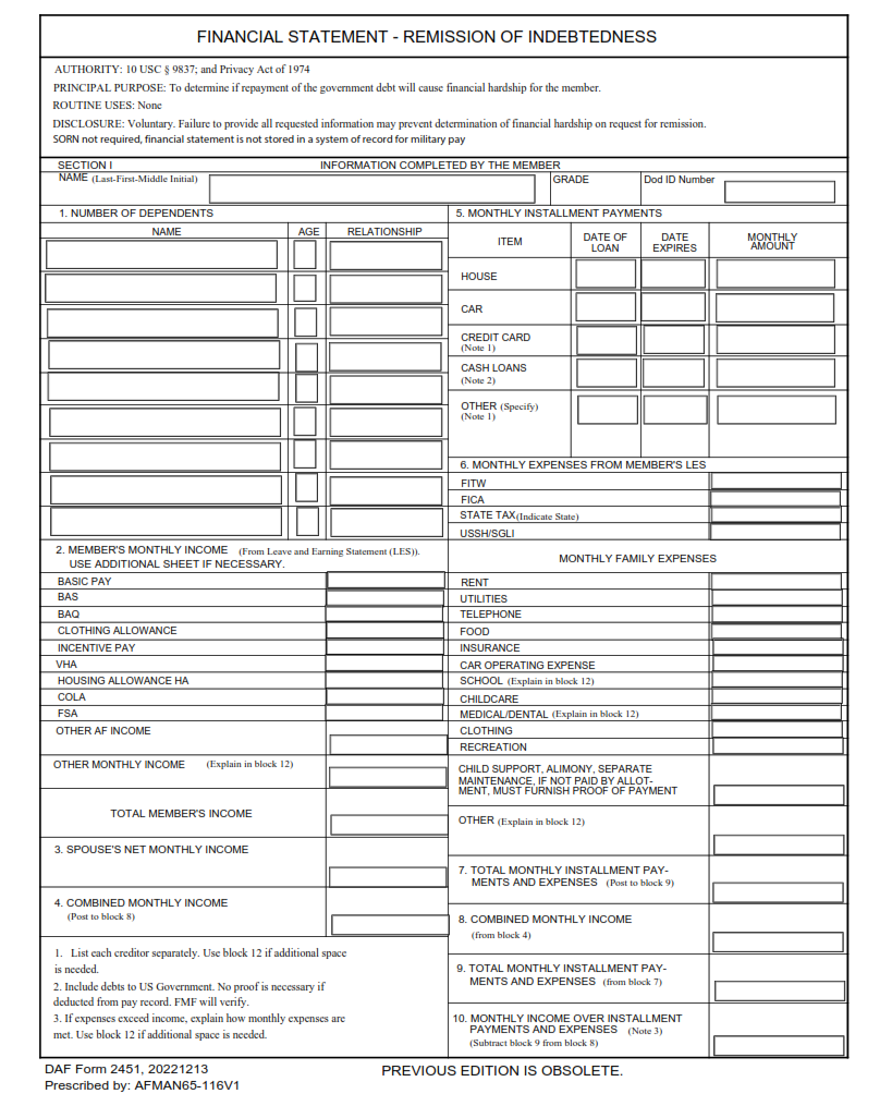 DAF Form 2451 Financial Statement Remission Of Indebtedness LRA