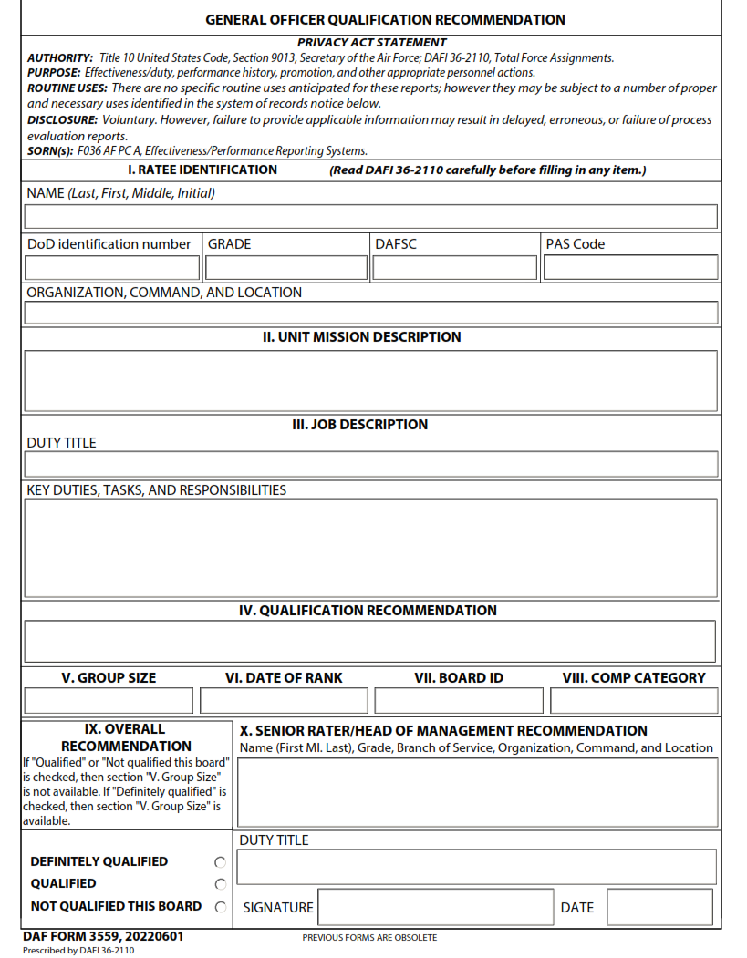 DAF Form 3559 - General Officer Qualification Recommendation