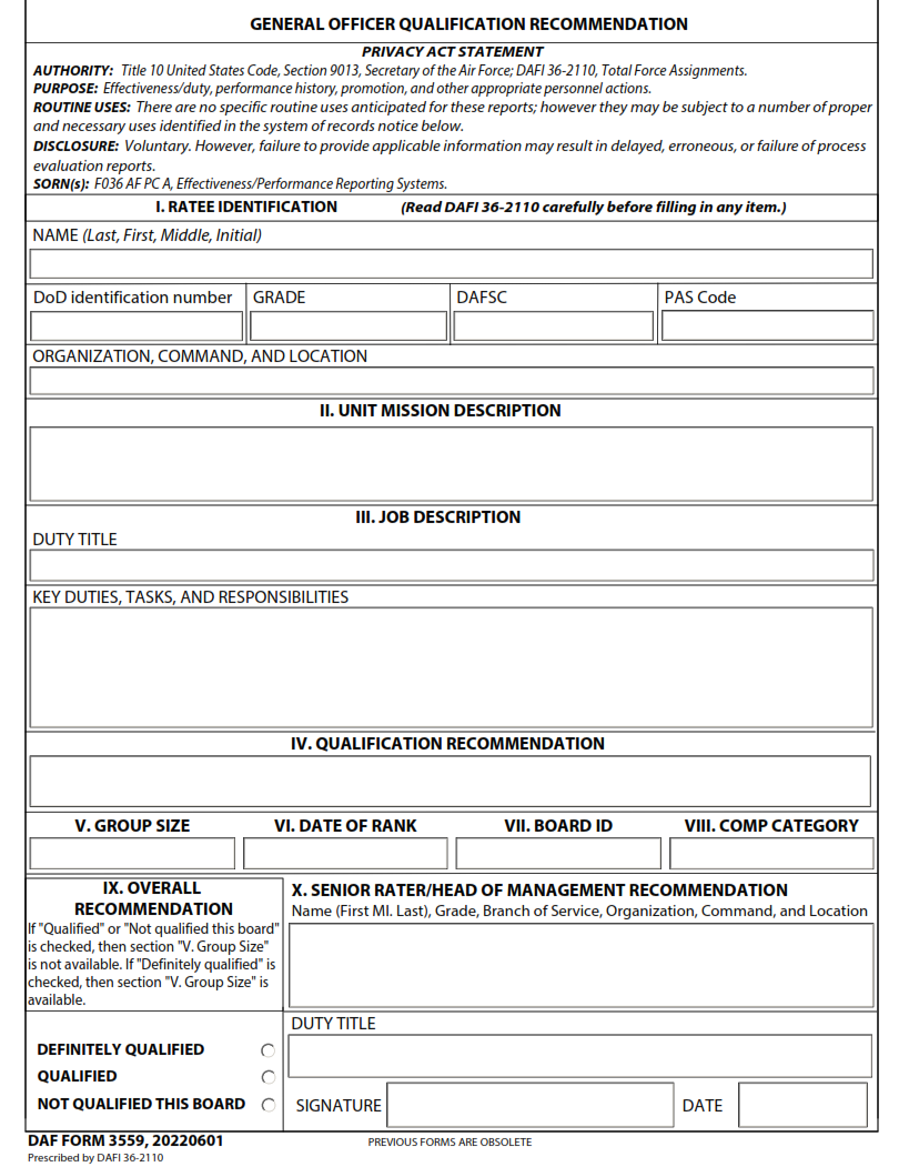DAF Form 3559 General Officer Qualification Recommendation Origin