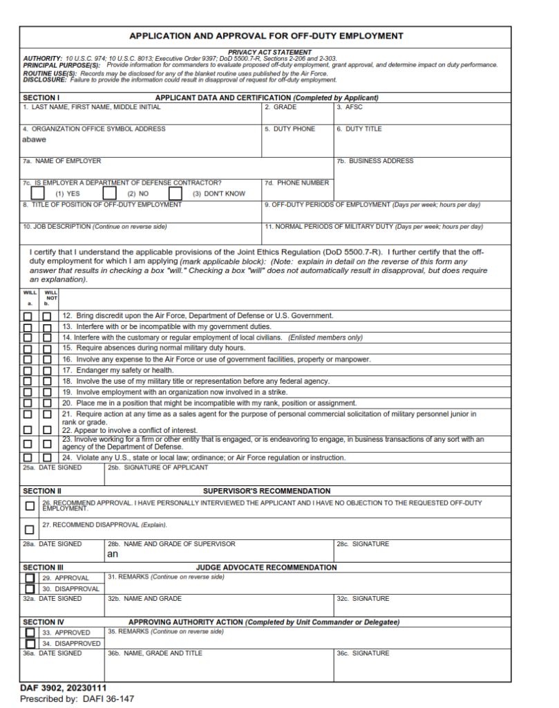 DAF Form 3902 – Application And Approval For Off-Duty Employment ...