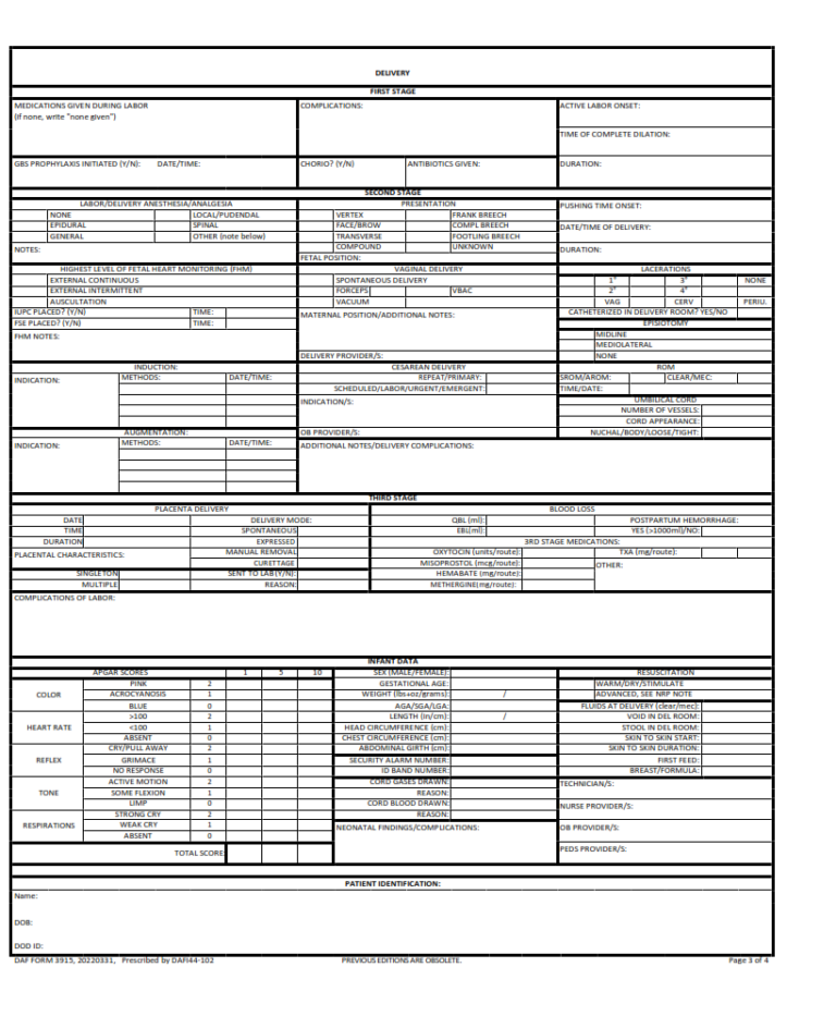 DAF Form 3915 Labor and Delivery Flowsheet (DD Form 2005, Privacy Act