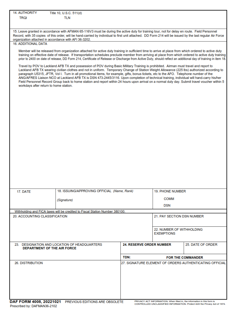 DAF Form 4008 - Request And Authorization For Initial Active Duty Training Nonprior Service Part 2