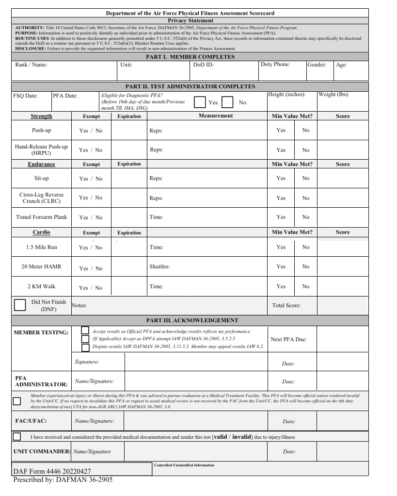 DAF Form 4446 - Department Of The Air Force Physical Fitness Assessment Scorecard Part 1