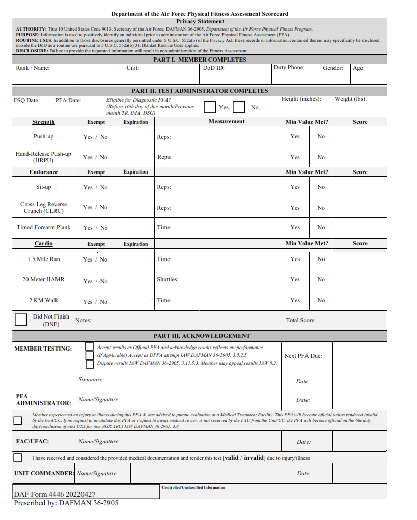 DAF Form 4446 Department Of The Air Force Physical Fitness Assessment 