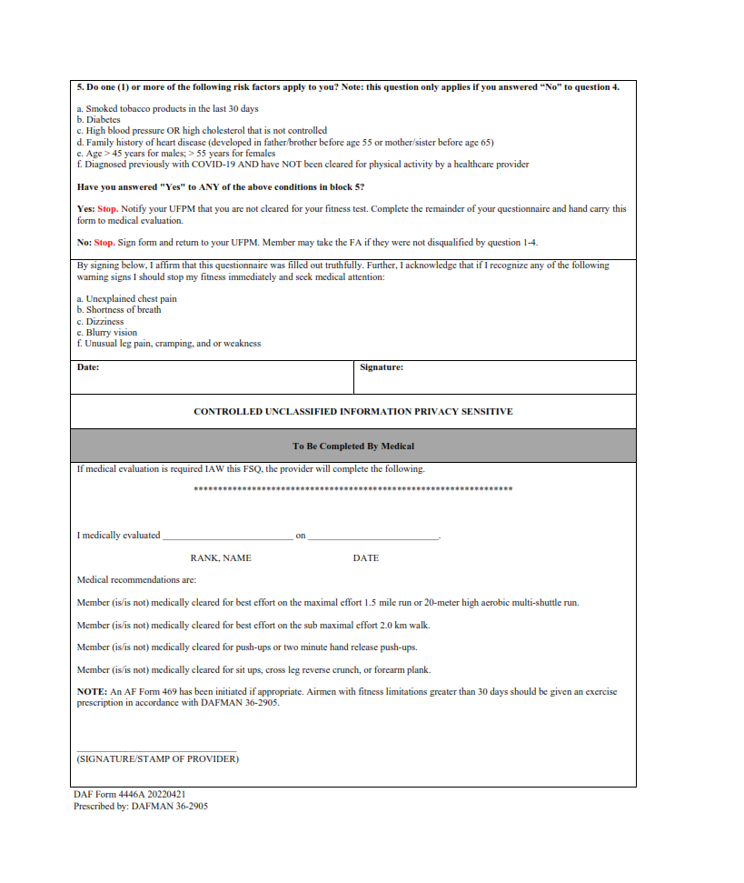DAF Form 4446A - Department of the Air Force Physical Fitness Screening Questionnaire (FSQ) Part 2